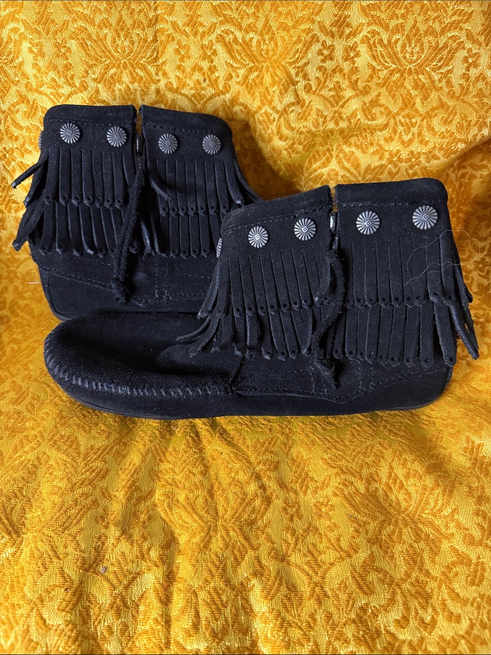 Minnetonka Black Suede Fringe Ankle Booties